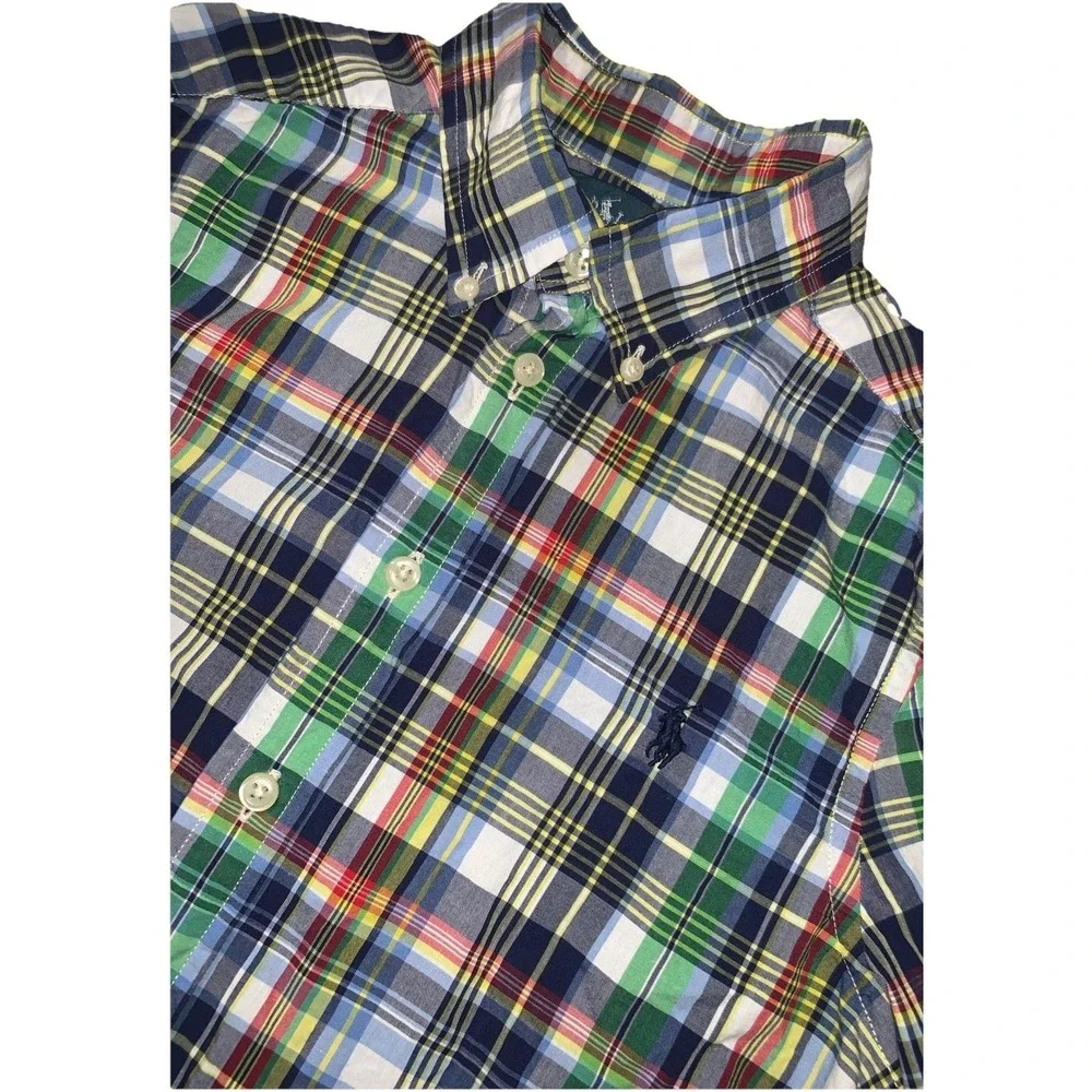 Ralph Lauren Boy's Shirt Multi Plaid Button Down Size M 10-12 Short Sleeve Pony‎